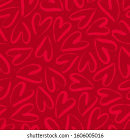 Vector seamless romantic pattern with hand drawn red hearts. Doodle brush hearts on red background. Love template for design, postcards, print, poster, wedding, party, Valentines day, vintage textile.
