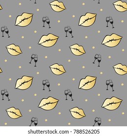 Vector seamless romantic pattern. Hand drawn illustration for Valentine's Day. Lips, glasses and gold confetti on grey background in comic style.