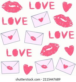 Vector seamless romantic pattern for lovers, Valentine's Day, wedding - lip print, word love and heart drawn with lipstick, envelopes sealed with lip print, envelopes sealed with hand drawn heart.