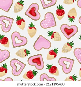 Vector seamless romantic pattern with sweets. Heart shaped cookies with pink icing with red jam and strawberries in white chocolate.