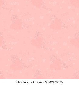Vector seamless romantic pattern with vintage cat and heart on the salmon background.