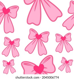 Vector seamless romantic simple pattern of pink stylized bows with hearts in the middle of bows on a white background for wallpaper, textiles, wrapping paper, goods for girls, wedding, Valentine's day