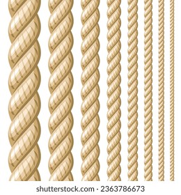 Vector Seamless Rope Set, group of illustration vertical decorative natural long ropes, collection of many different repeating hemp ropes on white background