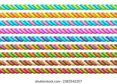 Vector Seamless Rope Set, group of illustration horizontal decorative multicolored long ropes, collection of many various repeating plastic ropes on white background