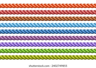 Vector Seamless Rope Set, group of illustration horizontal decorative multicolored long ropes, collection of many variety repeating plastic ropes on white background