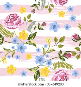Vector Seamless Roses Floral Hand-drawn Pattern. Flower pattern with of red, yellow, blue flower on against the background of strips of drawn pink ink. Background for your design projects