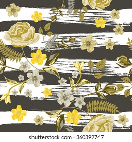 Vector Seamless Roses Floral Hand-drawn Pattern. Flower pattern with of yellow flower on against the background of strips of drawn ink. Background for your design projects