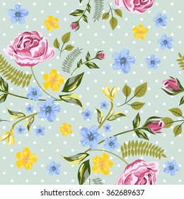 Vector Seamless Roses Floral Hand-drawn Pattern. Flower pattern with of red, yellow, blue flower on against the background of dots. Background for your design projects