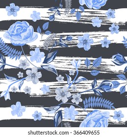 Vector Seamless Roses Floral Hand-drawn Pattern. Flower pattern with of blue flower on against the background of strips of drawn ink. Background for your design projects.