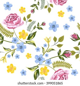 Vector Seamless Roses Floral Hand-drawn Pattern. Flower pattern with of red, yellow, blue flower. Background for your design projects fashion textile, wallpaper, scrapbook and etc