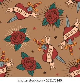 vector seamless with roses, hearts and knives