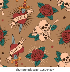 vector seamless with roses, hearts and skulls