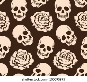 vector seamless with roses and skulls