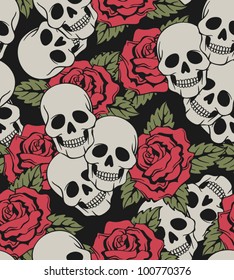 vector seamless with roses and skulls