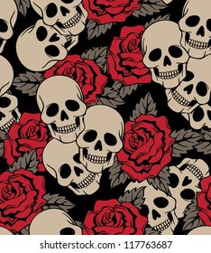 vector seamless with roses and skulls