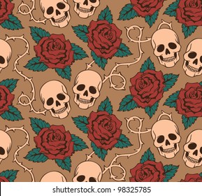 vector seamless with roses and skulls
