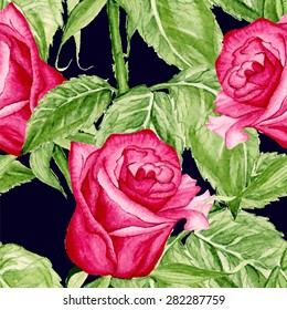 Vector Seamless  Roses Watercolor Pattern. Floral pattern with of red roses on black background. Background for your design web pages, wedding invitations, save the date cards, scrapbook and etc