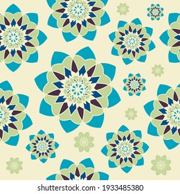 Vector seamless round blue-green floral unusual geometric patterns on beige background