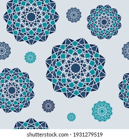 Vector seamless round dark blue  floral unusual geometric patterns on gray background