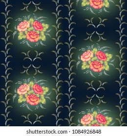 Vector seamless Russian traditional painting in pink and green, blue colors repeating the image of flower pattern, decoration bright yellow and orange flowers richly, folk crafts painting.