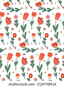 Vector seamless rustic floral pattern. Texture with flower with folk art. Wallpaper with tulips with naive decorations on white background with polka dot.