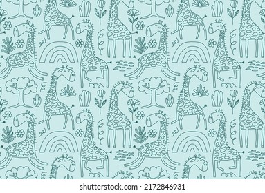 Vector Seamless Safari Pattern with cute Giraffes.
