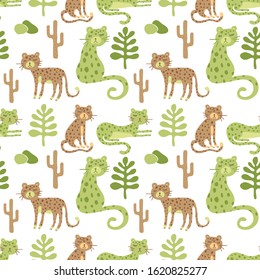 Vector Seamless Safari Pattern with leopards and savannah landscape