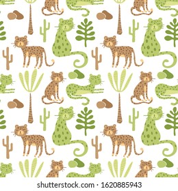 Vector Seamless Safari Pattern with leopards and savannah landscape