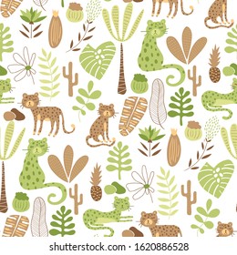 Vector Seamless Safari Pattern with leopards and savannah landscape