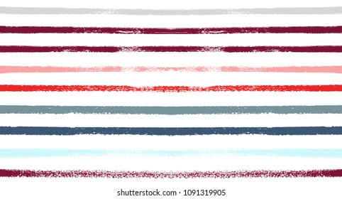 Vector Seamless Sailor Stripes Summer Pattern. Trendy Striped Banner or Cover. Hand Painted Lines Watercolor Background. Torn Fabric Textile T-Shirt Modern Funky Design. Paint Brush Drawn Retro Print.