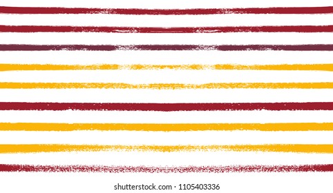 Vector Seamless Sailor Stripes Summer Pattern. Red, Orange, Yellow White Autumn Colors. Trendy Hipster Graffiti Lines. Watercolor Stripes Textile Retro Design. Vintage Fabric Painted Prints Background
