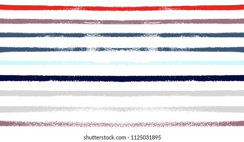 Vector Seamless Sailor Stripes Summer Pattern. Trendy Striped Banner or Cover. Hand Painted Lines Watercolor Background. Torn Fabric Textile T-Shirt Modern Funky Design. Paint Brush Drawn Retro Print.