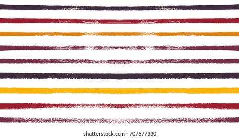 Vector Seamless Sailor Stripes Summer Pattern. Red, Orange, Yellow White Autumn Colors. Trendy Hipster Graffiti Lines. Watercolor Stripes Textile Retro Design. Vintage Fabric Painted Prints Background