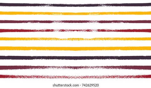 Vector Seamless Sailor Stripes Summer Pattern. Red, Orange, Yellow White Autumn Colors. Trendy Hipster Graffiti Lines. Watercolor Stripes Textile Retro Design. Vintage Fabric Painted Prints Background