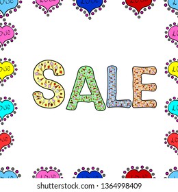 Vector. Seamless. Sale banner template design. Illustration in blue, black and white colors. Simple patches, poster, badges in cute art style. Lettering.