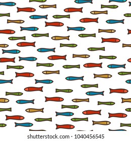 Vector seamless sardines pattern. Red, green and blue fish on white background. Boundless background can be used for web page backgrounds, wallpapers, wrapping papers and invitations.