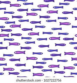 Vector seamless sardines pattern. Violet, pink and blue fish on white background. Boundless background can be used for web page backgrounds, wallpapers, wrapping papers and invitations.