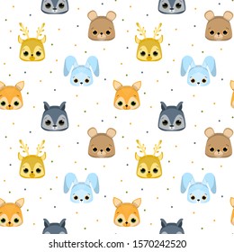 Vector seamless  Scandinavian pattern for children
of funny forest animals. Cute woodland animals face: deer, wolf, bear, rabbit, fox. Flat illustration. Simple icon of animals and plants
