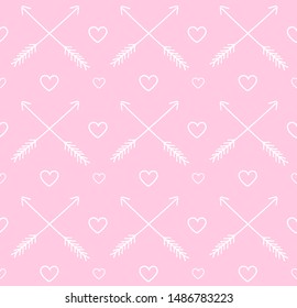 Vector seamless Scandinavian pattern of white hand drawn crossed arrows and hearts isolated on pastel pink background