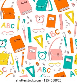 Vector Seamless School Pattern with Books, Backpacks, Pens and Pencils.