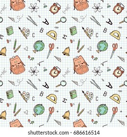 Vector seamless school pattern. Themed design with different colored school supplies