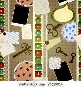 vector seamless scrapbook design. contains  vintage keys, buttons, photoframes, pins, laces, napkins, torn pieces of paper, splashes of coffee,origami airplane and ship
