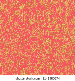 Vector seamless scribble pattern, made of chaotic lines and gold glitter on coral background.