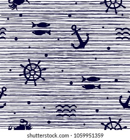 vector seamless sea anchor pattern, steering wheel, fish, waves on a striped background