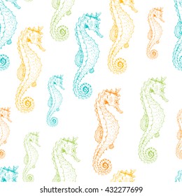Vector seamless sea background with colored sea horse on white. Hand drawn illustration for fabric, print, wrapping and other seamless design. Hippocampus pattern.