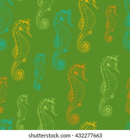 Vector seamless sea background with sea horse on green. Hand drawn illustration for fabric, print, wrapping and other seamless design. 