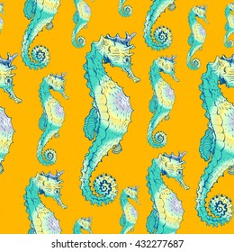 Vector seamless sea background with sea horse. Hand drawn illustration for fabric, print, wrapping and other seamless design.Pattern on orange.