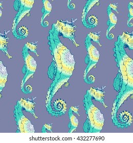 Vector seamless sea background with sea horse. Hand drawn illustration for fabric, print, wrapping and other seamless design. Pattern on lilac.