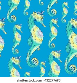 Vector seamless sea background with sea horse. Hand drawn illustration for fabric, print, wrapping and other seamless design. Pattern on blue.