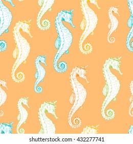 Vector seamless sea background with sea horse on orange. Hand drawn illustration for fabric, print, wrapping and other seamless design. 